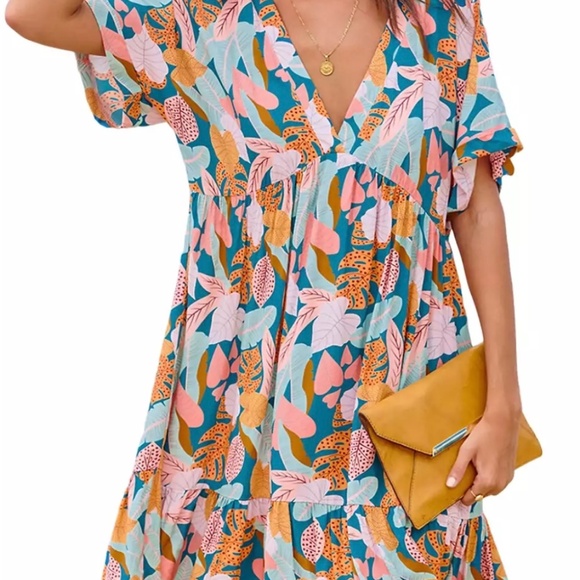 CUPSHE Women's Soft Tropics Short Sleeve Mini Beach Dress - Picture 1 of 3